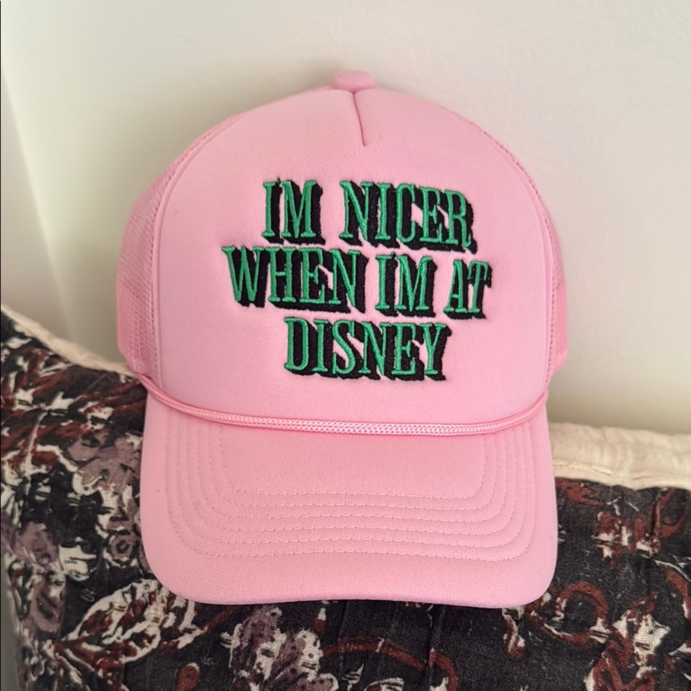 New I’m Nicer When I’m at Disney Pink Trucker Hat Adjustable Embroidered